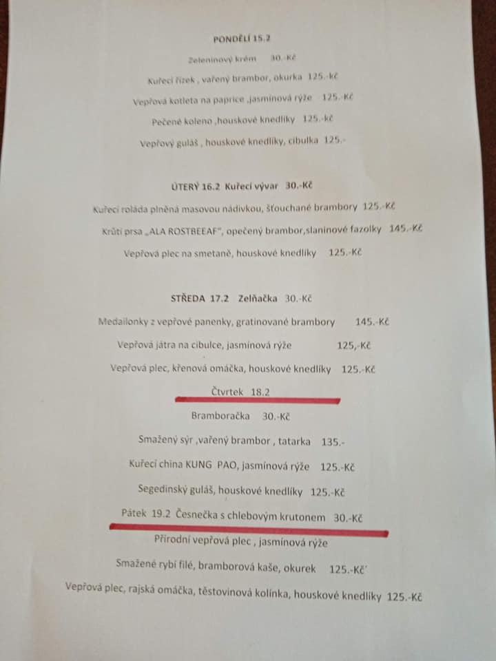 Motel U Jezera menu 15. - 19. 2.